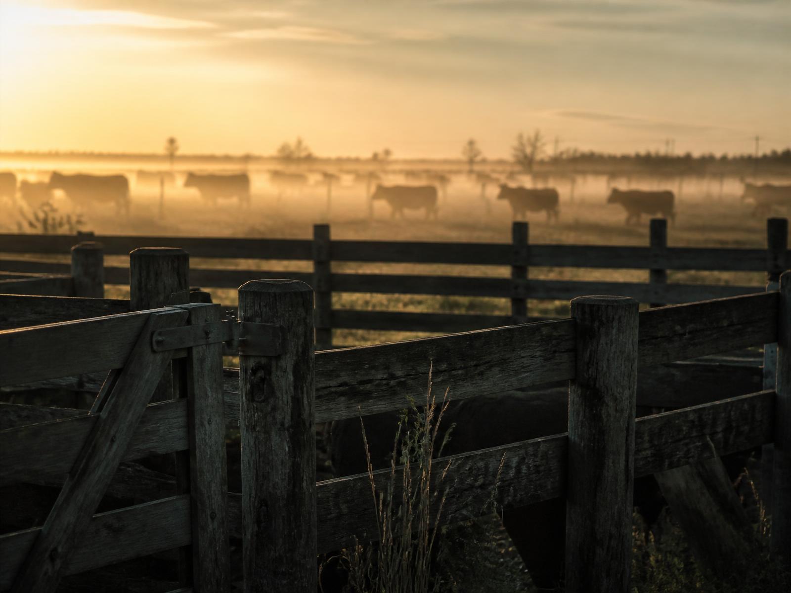 Feedlot al amanecer, con la hacienda entre la neblina