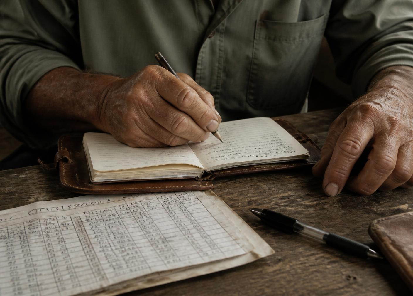 Registros manuales del establecimiento junto a una libreta de campo